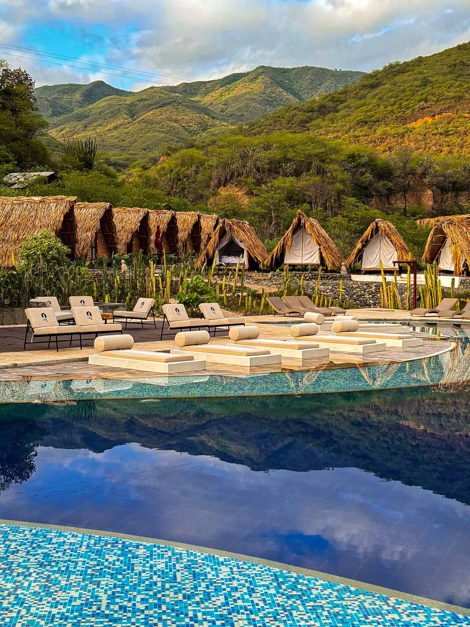 Ecological refuges thatched roof pool view - Sustainable rooms tropical dry forest