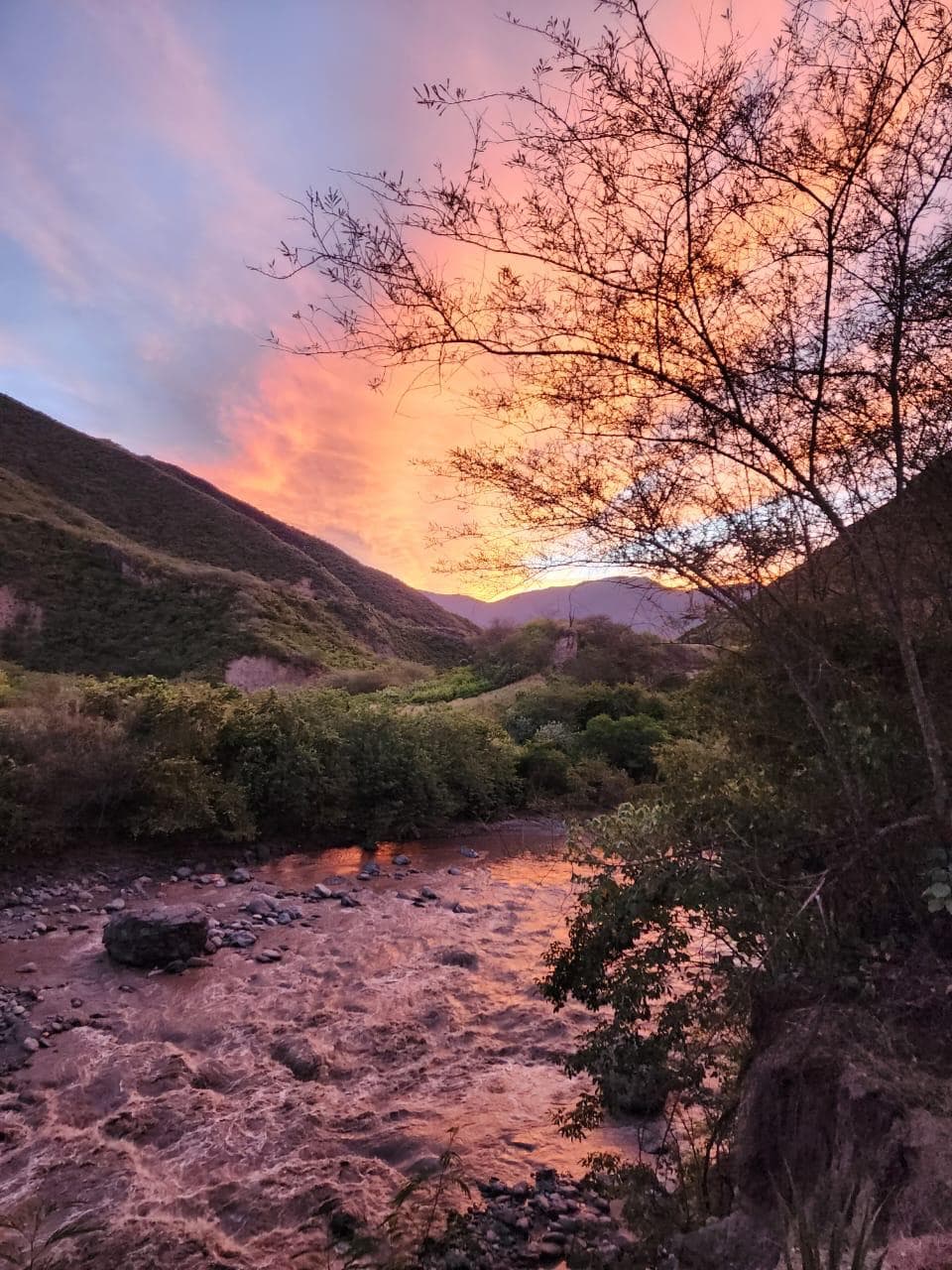 Sunset tropical dry forest river - Natural landscape trail water mountains Nariño